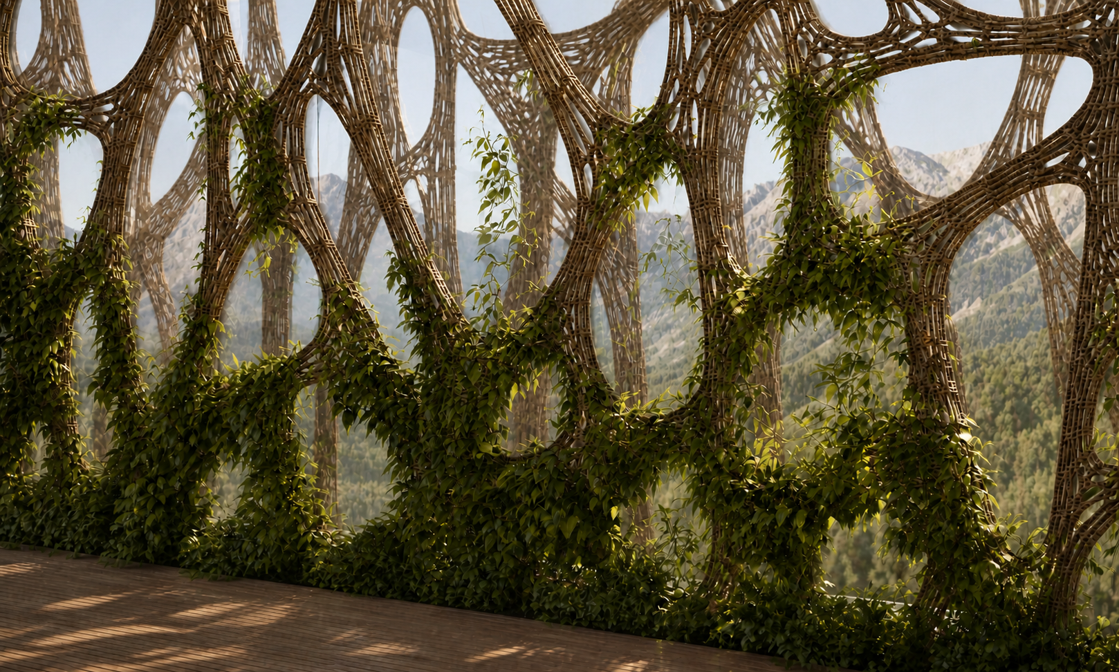 Organic woven parametric lattice facade draped with climbing greenery, framing a sunlit mountain valley beyond a wooden deck